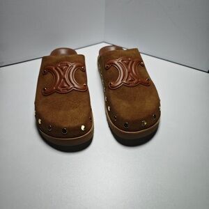 Celine Tan Suede Loafers with Gold Accents